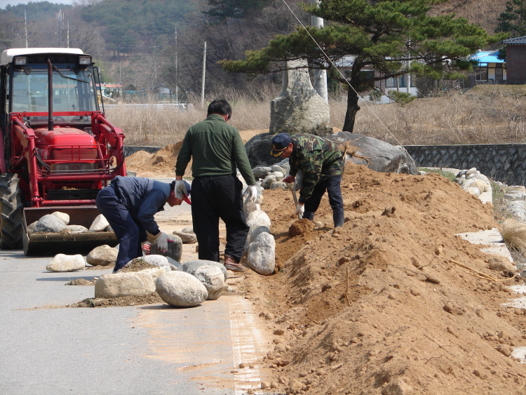 공동구매 장비로 자연석 돌 나르고 쌓고 열심히 하는모습